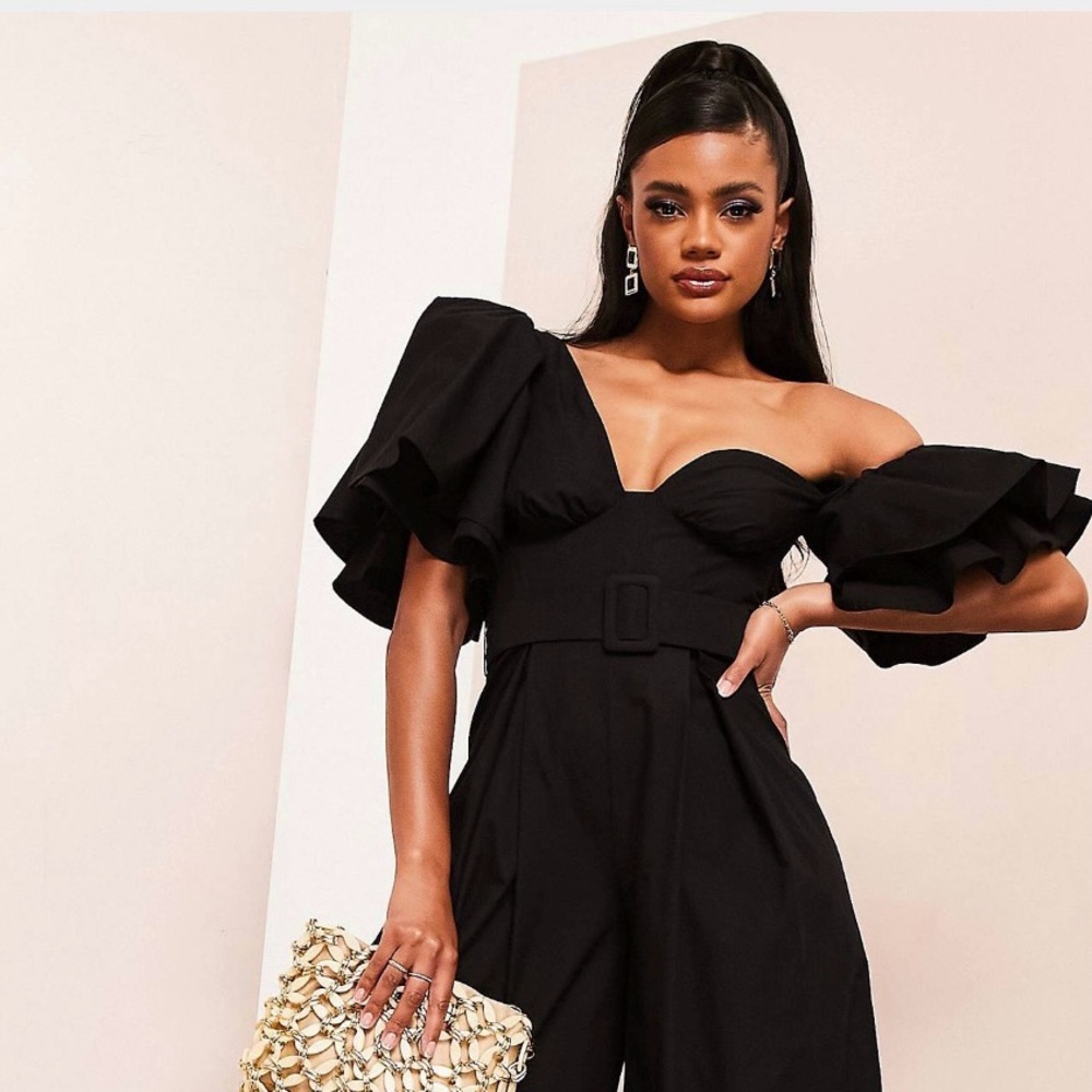 ASOS LUXE one shoulder belted poplin jumpsuit in black ✨